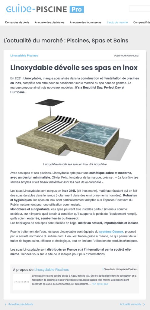 article launching stainless steel spas on Guide Piscine